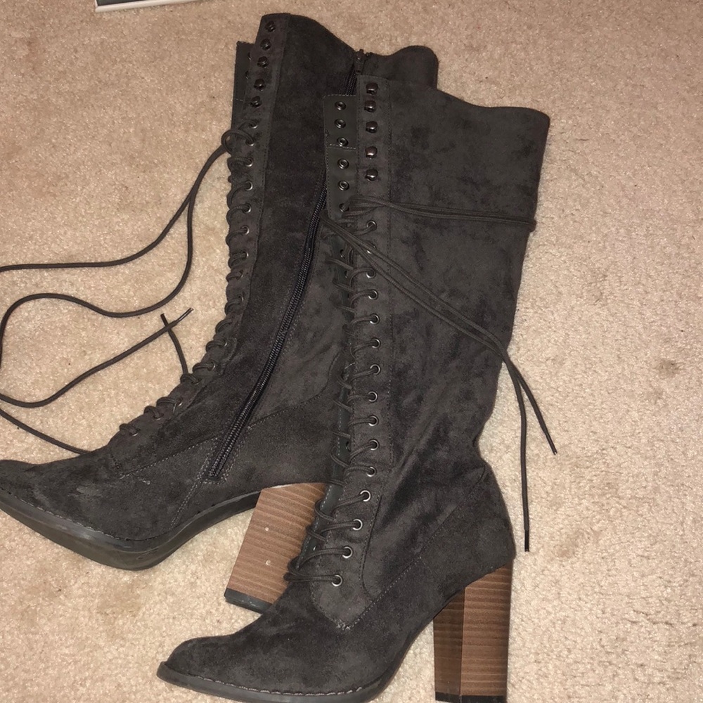 Grey Lace Up Knee High Suede Boots